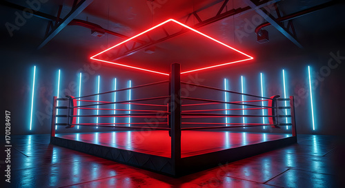 Neon boxing ring arena ready for a tough match, a symbol of strength and determination
