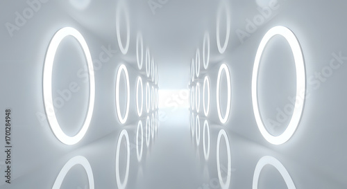 Modern minimalist corridor with glowing rings leads to bright future, simple elegance