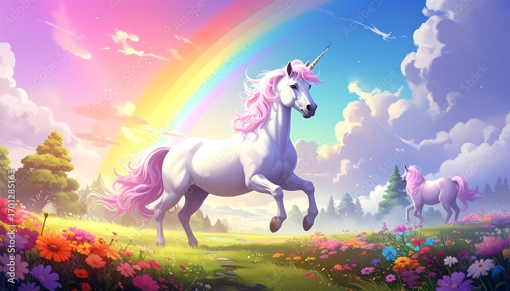 Fototapeta premium Two majestic unicorns, adorned with rosy manes and tails, traverse a vibrant meadow filled with colorful flowers, beneath a spectacular rainbow, creating a dreamy and captivating scene.