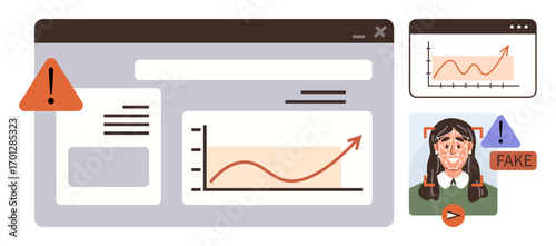 Digital graphs showing a rise, exclamation alerts for warnings, and a deepfake portrait highlight the theme of online misinformation. Ideal for education, cybersecurity, media, technology, social
