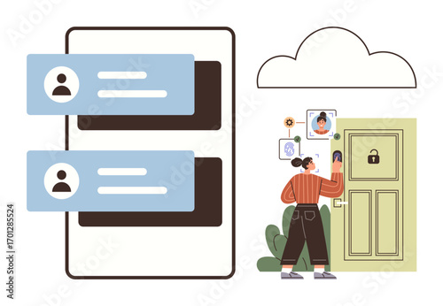 Woman interacting with smart security doorbell displaying facial recognition. Connected app interface shows verified profiles. Ideal for technology, safety, data, home security, innovation, smart