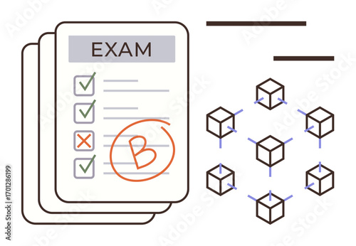 Exam results marked with a B grade alongside interconnected cubes representing a distributed network. Ideal for education, grading systems, blockchain, decentralization, data analysis, technology