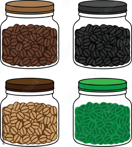 A clean vector set of coffee bean jars in flat style. Includes different jar designs perfect for café branding, product packaging, menu graphics, labels, and modern design projects.