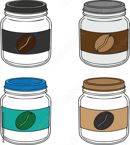 A clean vector set of coffee bean jars in flat style. Includes different jar designs perfect for café branding, product packaging, menu graphics, labels, and modern design projects.