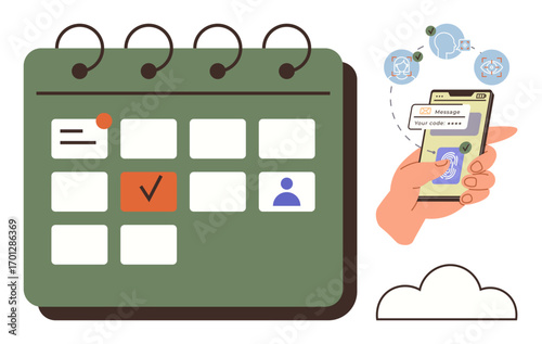 Calendar with marked date, hand holding smartphone with message notification, icons of communication and cloud. Ideal for scheduling, reminders, planning, productivity, communication, technology
