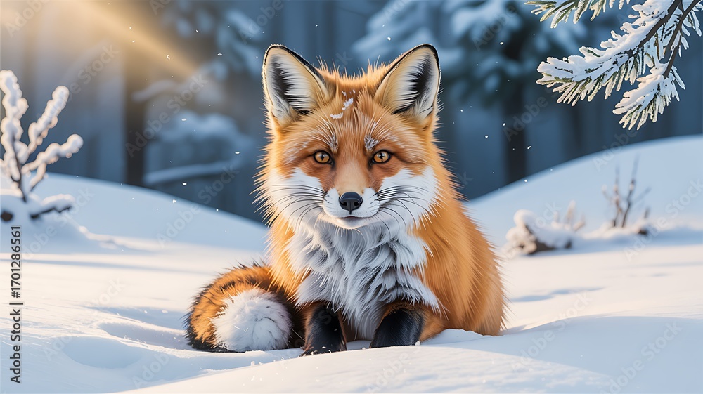 Fototapeta premium Cute fox sitting in snowy winter forest illustration 