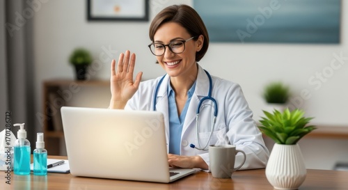 Doctor waving hello on laptop screen during telemedicine consultation and online health advice