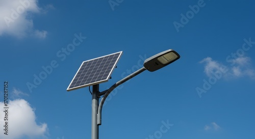 Solar powered street lamp against blue sky with white clouds