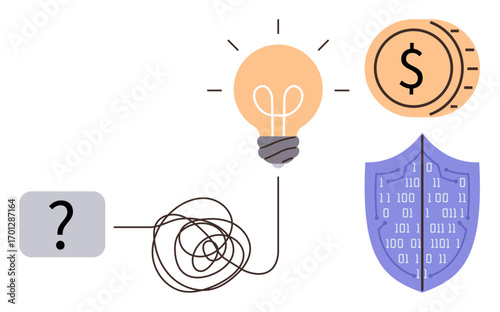 Question mark leads to tangled line, light bulb signifying idea, coins symbolizing money, shield with binary for security. Ideal for problem-solving, innovation, finance, security, data strategy
