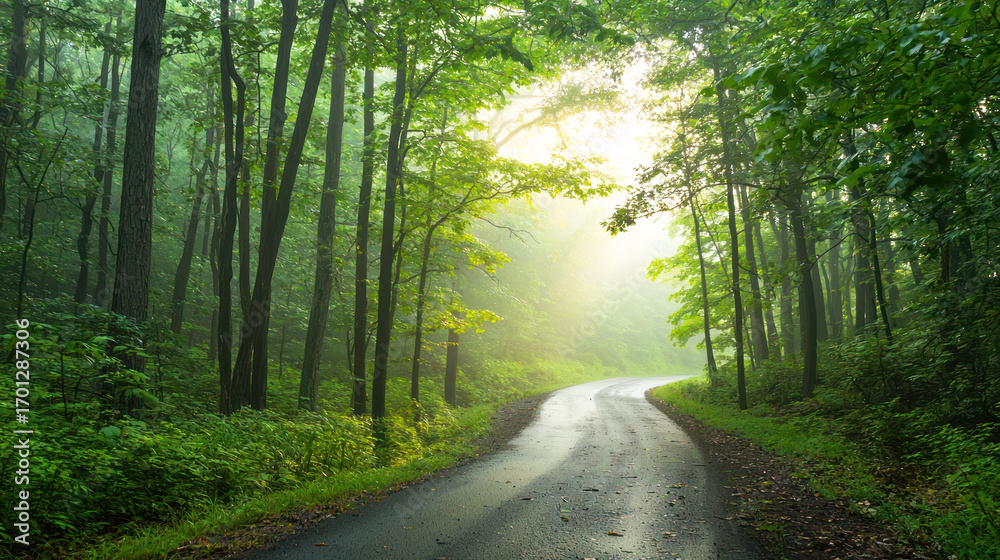 Obraz premium A road through a foggy forest, with the sun barely visible through the mist.