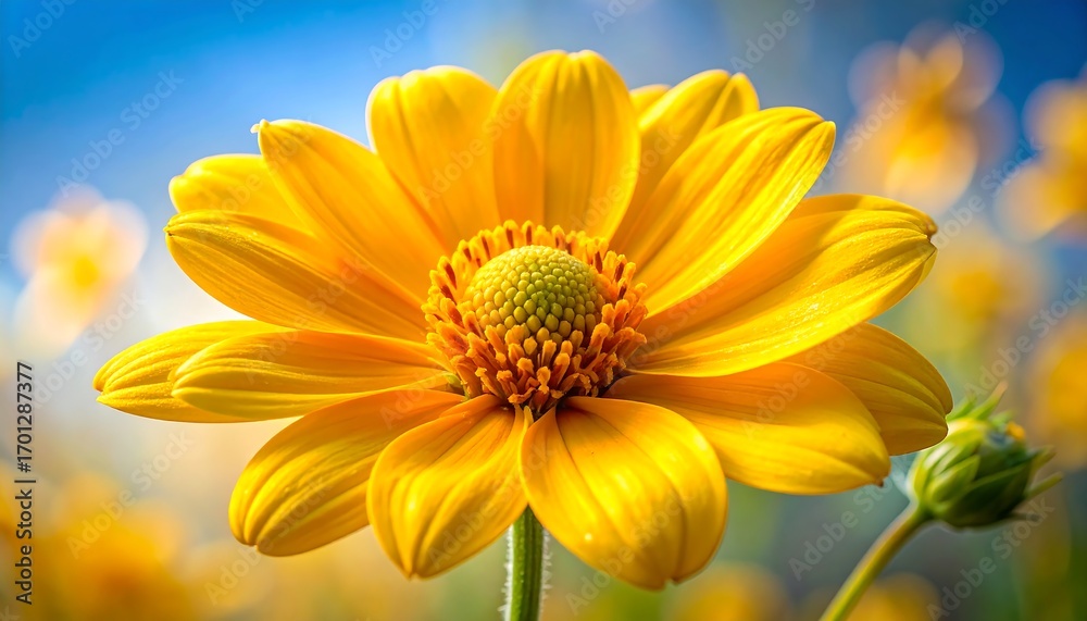 Naklejka premium Close-up view of a vibrant yellow flower, showcasing intricate details of petals and a central disc, with a soft, blurred background of other flowers, highlighting the beauty of nature in a bright...