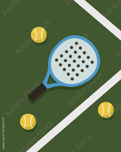 Padel tennis court scene with racket and balls, flat illustration