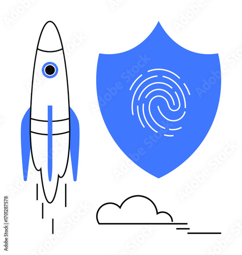 Rocket ascending beside shield bearing fingerprint, symbolizing innovation, protection, and technology. Ideal for business growth, cybersecurity, data protection, future technology, startups