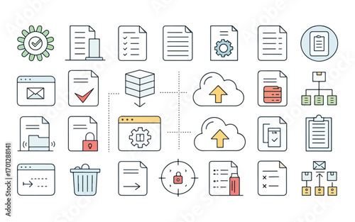 Collection of Business and Management Icons Representing Data Processing and File Management with Clean Design