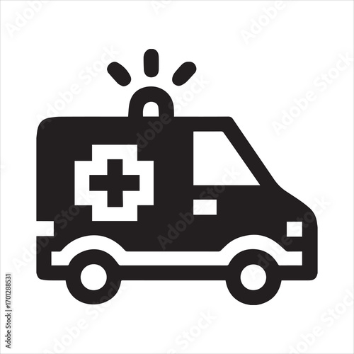 Simple black and white ambulance icon for medical emergencies and healthcare services