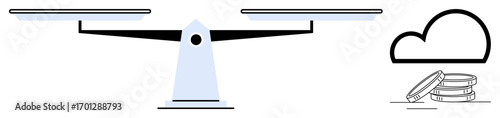Balance scale weighing cloud shape against coins highlights decision-making, resource management, finance, technology, sustainability, innovation, and prioritization. Ideal for business analysis