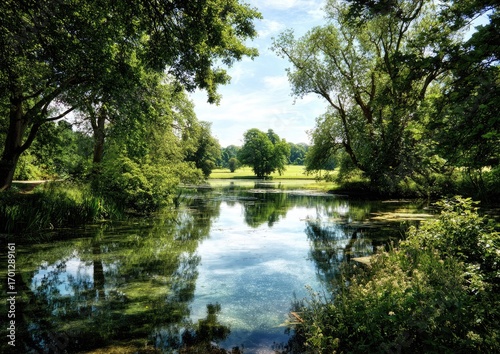 Serene park pond, framed by lush trees