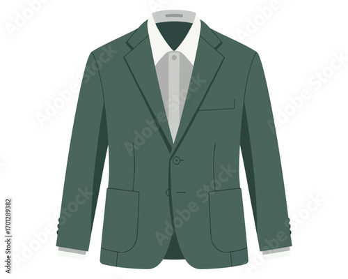 A stylish flat design illustration depicting a verdant green blazer paired with a crisp white dress shirt, representing professional menswear and elegant fashion attire