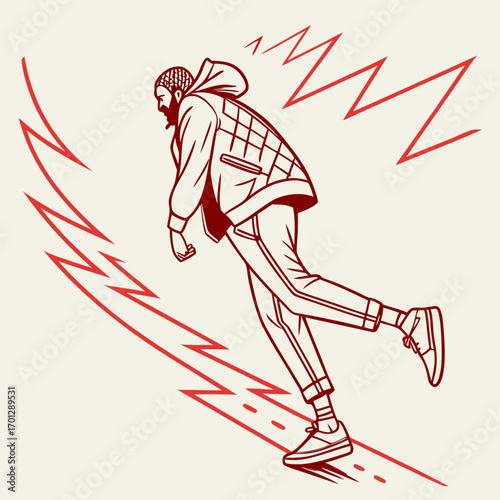 Dynamic illustration of a stylish man running with speed lines and lightning bolts in a bold red outline style