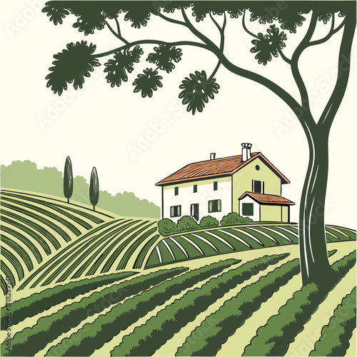 Charming italian villa nestled amongst rolling vineyards under a large tree