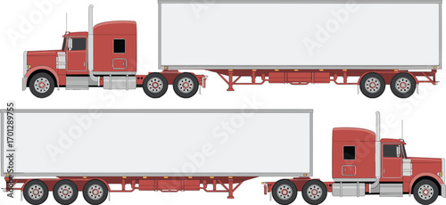 Red semi trailer trucks, different axle configurations, freight transport vehicles, side views, logistics shipping, cargo delivery, commercial haulage, flat vector illustration