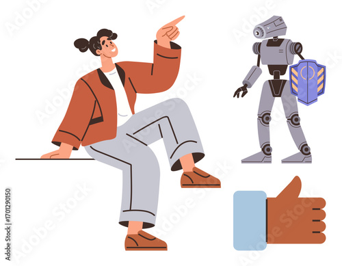 Woman gestures thoughtfully while interacting with humanoid robot holding shield. Thumbs-up icon symbolizes approval. Ideal for technology, AI ethics, innovation, future, human-machine collaboration