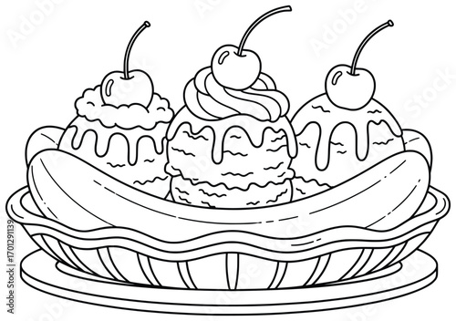 Banana split illustration featuring a peeled banana served in a dish with scoops of ice cream, syrup, and cherries on top drawn in clean black outlines in a simple cartoon style