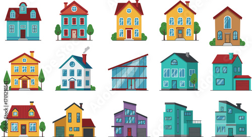 Colorful modern house set illustration, residential building icons collection, urban homes vector, contemporary houses with trees and garages