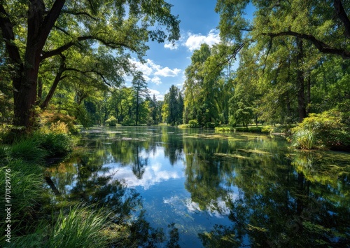 Serene park lake, trees, reflections
