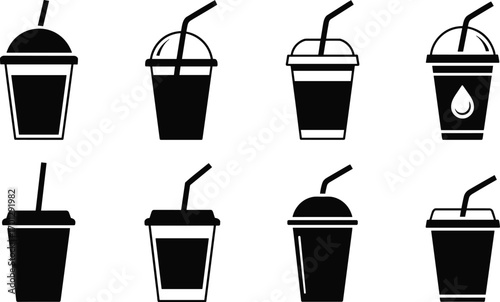 Disposable drink cup icons, black silhouette beverage containers, soda and smoothie cups, fast food drink symbols, straw lid vector illustration