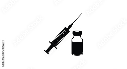 medical syringe and vial depicted in black silhouette