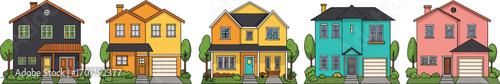 Colorful suburban house illustrations, modern residential buildings, cartoon front view homes, family real estate design, vector exterior property clipart