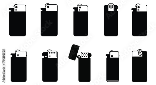 various lighter designs shown in black and white silhouette