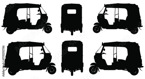 various angles of auto rickshaw designs shown in silhouette