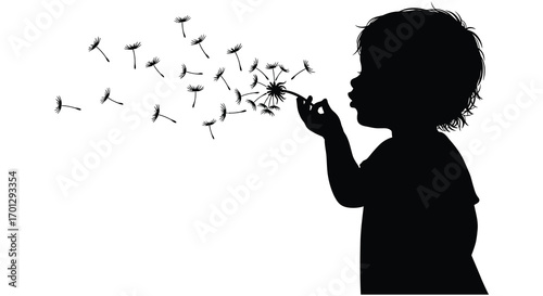child blowing dandelion seeds creating magical moment silhouette