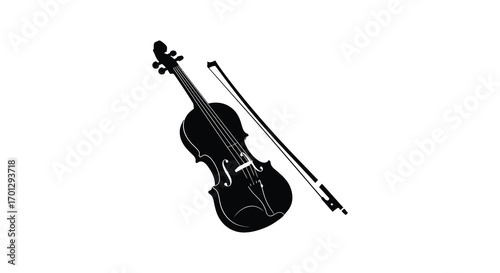 a violin and bow depicted in black silhouette