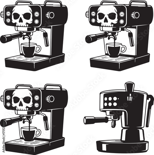 Four Black Silhouettes of Espresso Machines with Skull Designs and Coffee Cups Keywords: espresso