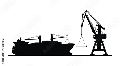 cargo ship docked near crane with dark outline silhouette