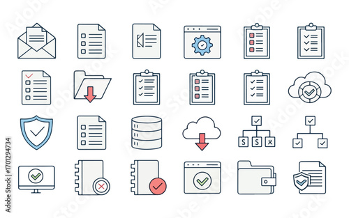 Collection of business icons representing data management security and network configurations in a clean minimalist style