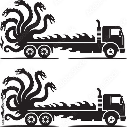 Two Black Silhouette Trucks With Hydra Monster On Flatbed truck mythical creature
