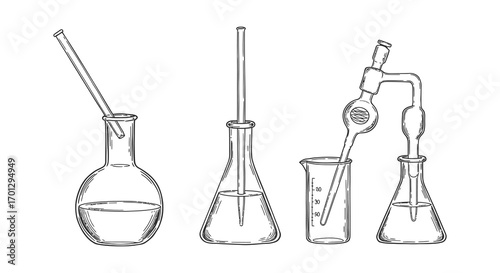 chemical glassware arranged neatly in laboratory setting silhouette