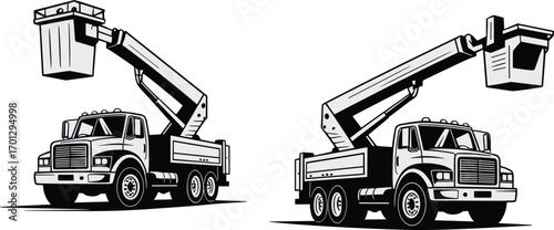 Bucket truck, utility vehicle, boom lift, aerial work platform, maintenance truck, construction equipment, lifting arm, worker safety, industrial service, black design