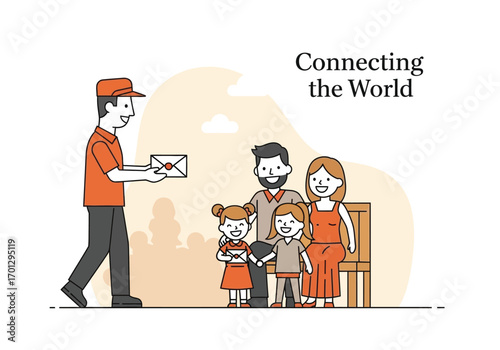 vector illustration of a mailman delivering a letter to a happy family, 'Connecting the World' for a World Post Day theme.