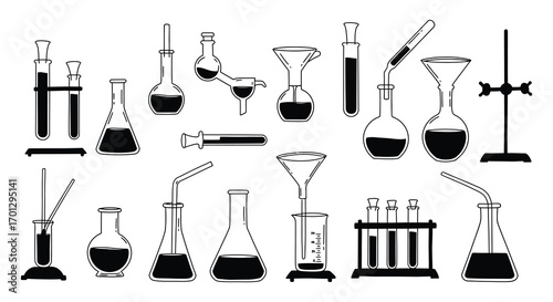chemical laboratory tools depicted in black and white silhouette
