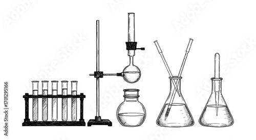 laboratory equipment setup with test tubes flasks and pipettes silhouette