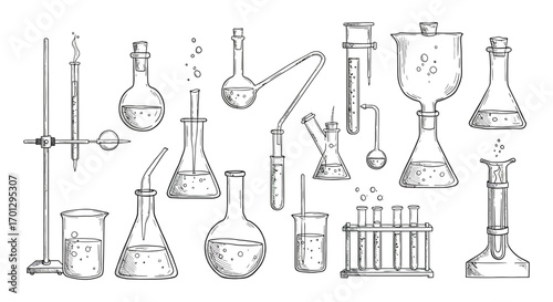 chemical laboratory equipment arranged neatly silhouette