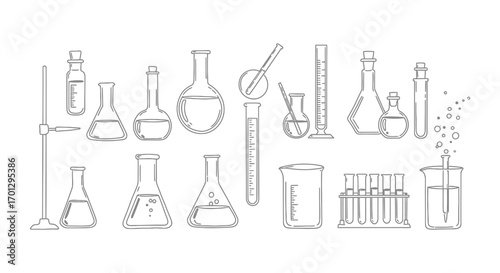 chemical laboratory tools arranged neatly in rows silhouette