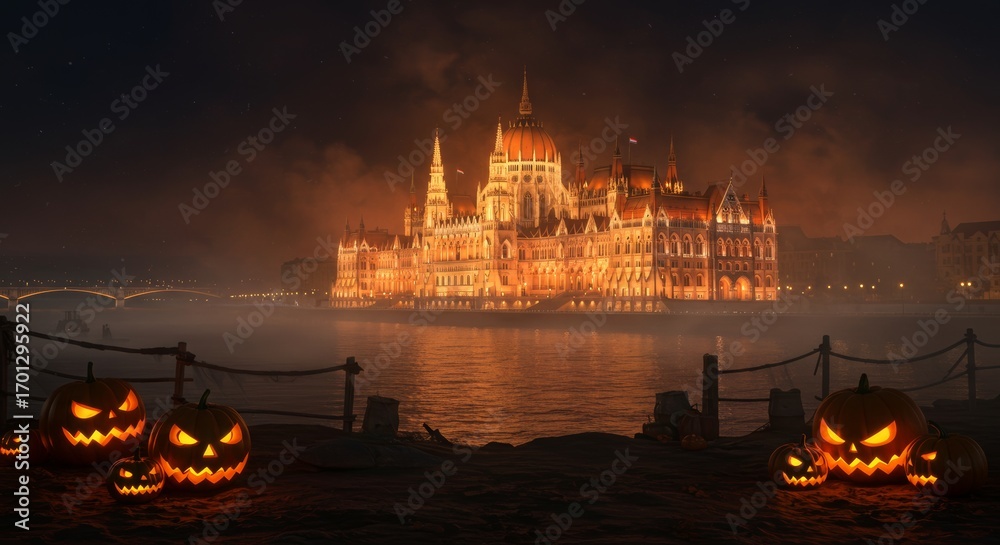 Fototapeta premium Halloween Budapest, gothic parliament building glowing with eerie orange lights, pumpkins lining the riverbank