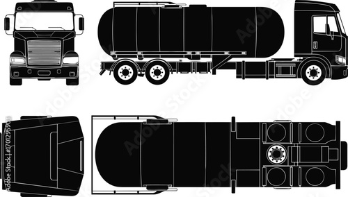 Tanker truck, fuel transport, liquid carrier, side view, front view, top view, rear view, industrial vehicle, cargo transport, black design
