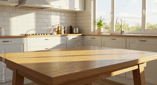 Wooden Table in Bright White Kitchen Sunny Interior